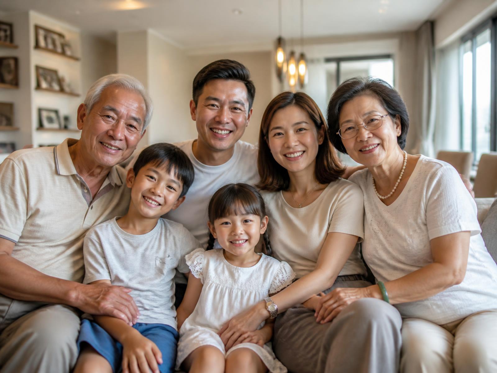 A warm three-generation Malaysian Chinese family sitting together at home