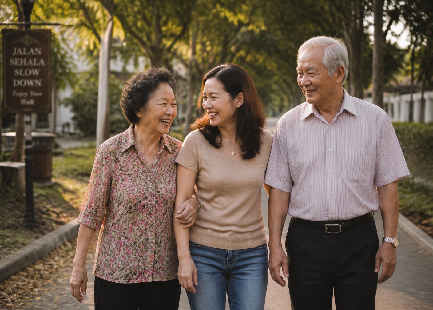 An adult daughter walking arm-in-arm with her elderly Malaysian Chinese parents